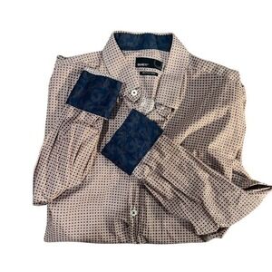 Quieti Brown Geometric Pattern Shirt with Dove Birds on Flip Cuffs Size Medium